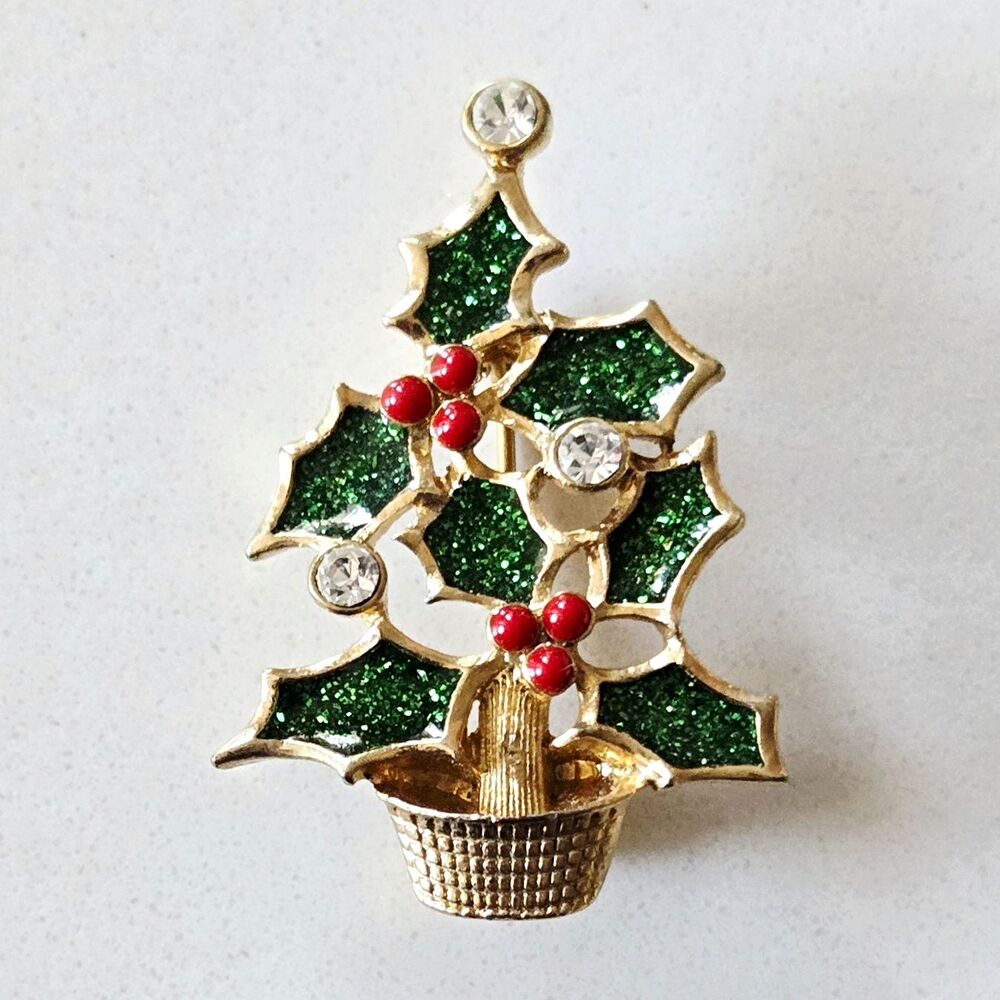 Vintage AVON NR Nina Ricci Christmas Tree Brooch Pin Holly Glitter Enamel Berry